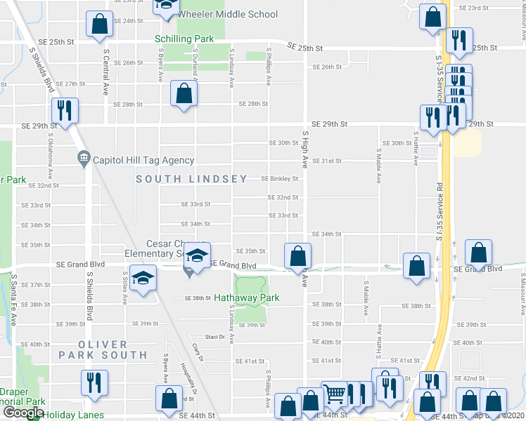 map of restaurants, bars, coffee shops, grocery stores, and more near 741 Southeast 33rd Street in Oklahoma City