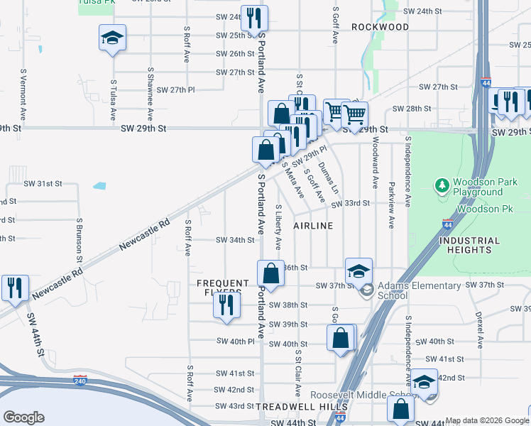 map of restaurants, bars, coffee shops, grocery stores, and more near 3316 South Portland Avenue in Oklahoma City