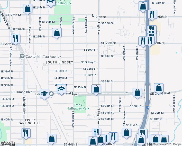 map of restaurants, bars, coffee shops, grocery stores, and more near 3300 South Kelley Avenue in Oklahoma City