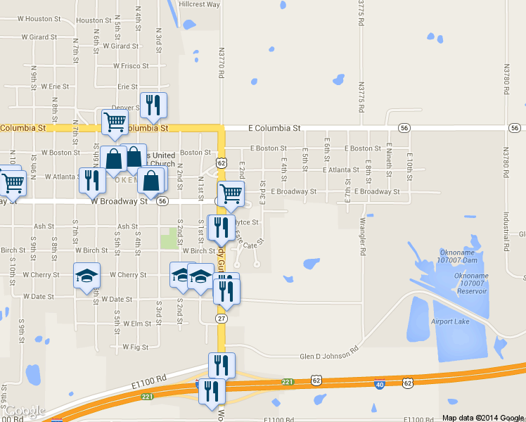 map of restaurants, bars, coffee shops, grocery stores, and more near 302 East Ashway Street in Okemah
