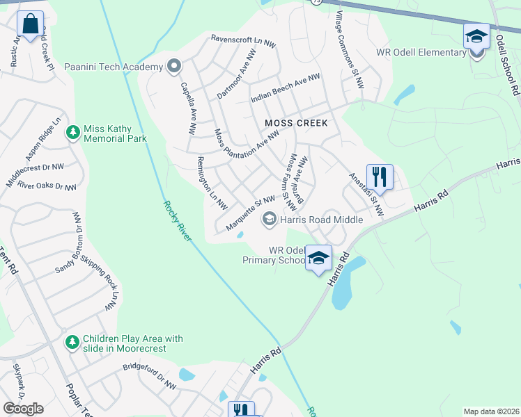 map of restaurants, bars, coffee shops, grocery stores, and more near 1384 Prestbury Road Northwest in Concord