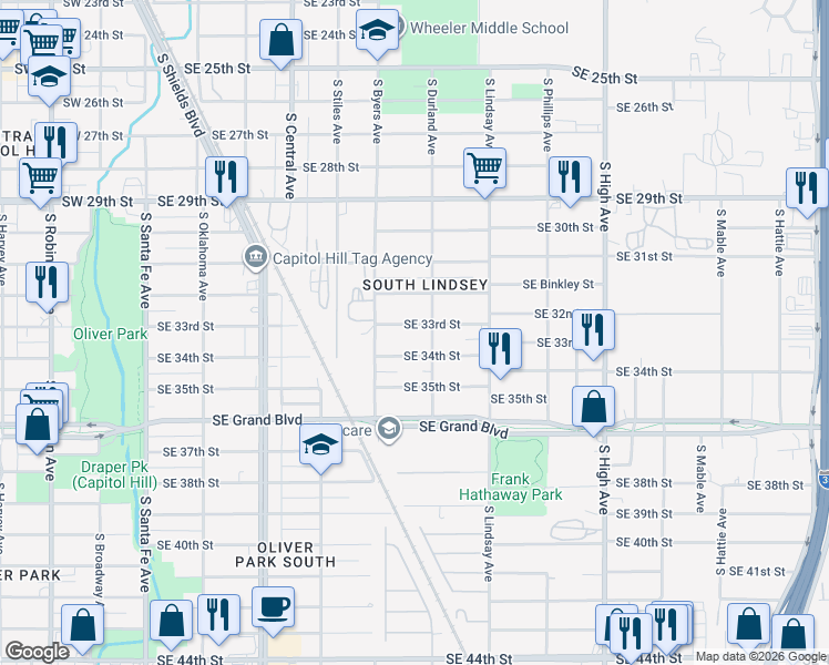 map of restaurants, bars, coffee shops, grocery stores, and more near 545 Southeast 33rd Street in Oklahoma City