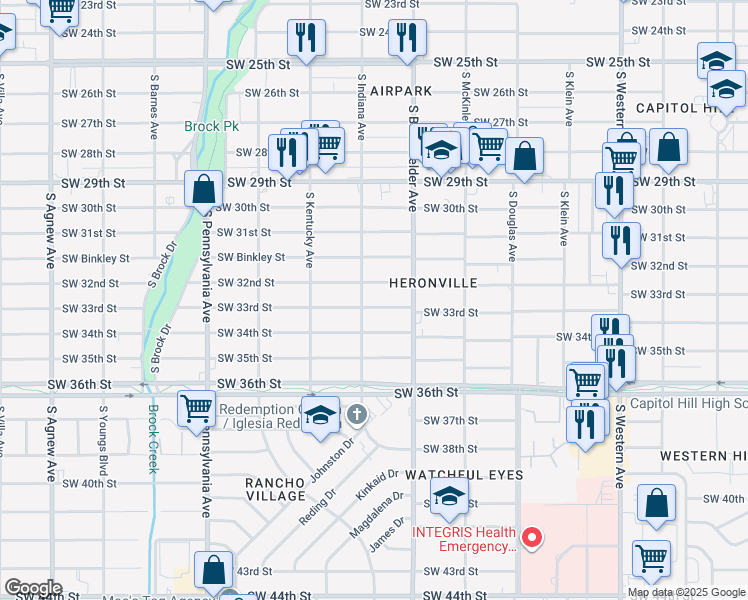 map of restaurants, bars, coffee shops, grocery stores, and more near 1328 Southwest 32nd Street in Oklahoma City