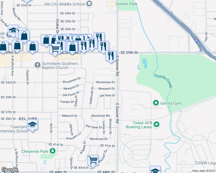 map of restaurants, bars, coffee shops, grocery stores, and more near 4840 Woodview Drive in Del City