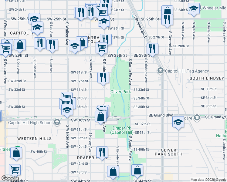 map of restaurants, bars, coffee shops, grocery stores, and more near 121 Southwest 33rd Street in Oklahoma City