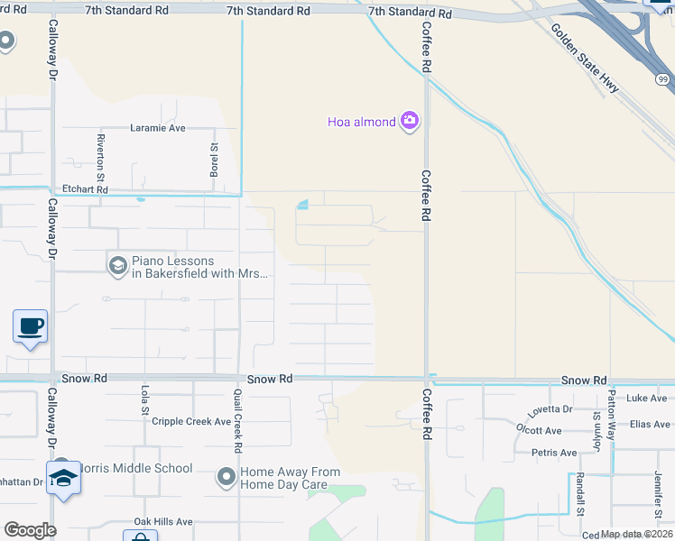 map of restaurants, bars, coffee shops, grocery stores, and more near 8502 Estes Park Street in Bakersfield