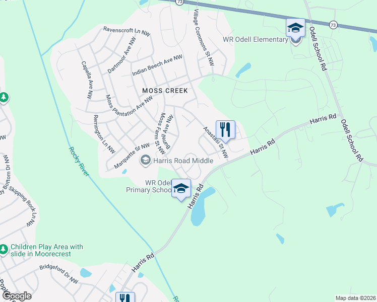 map of restaurants, bars, coffee shops, grocery stores, and more near 9436 Grand Oaks Street Northwest in Concord