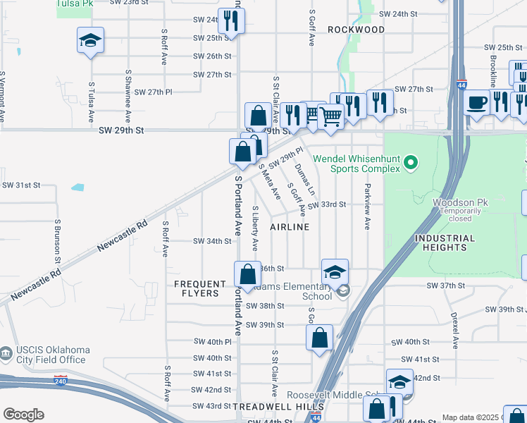 map of restaurants, bars, coffee shops, grocery stores, and more near 3313 South Liberty Avenue in Oklahoma City