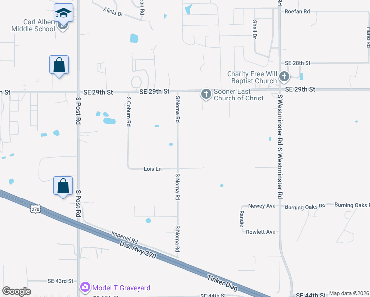 map of restaurants, bars, coffee shops, grocery stores, and more near 3400 South Noma Road in Oklahoma City