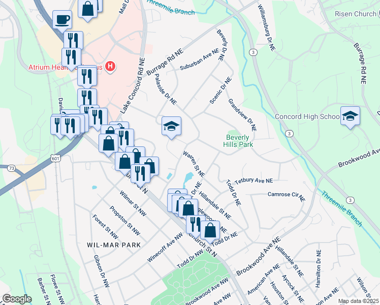 map of restaurants, bars, coffee shops, grocery stores, and more near 692 Warren Street Northeast in Concord