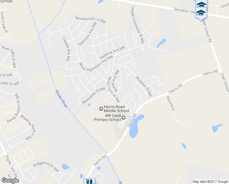 map of restaurants, bars, coffee shops, grocery stores, and more near 1506 Burrell Avenue Northwest in Concord