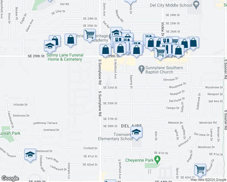 map of restaurants, bars, coffee shops, grocery stores, and more near 3405 South Wofford Avenue in Del City