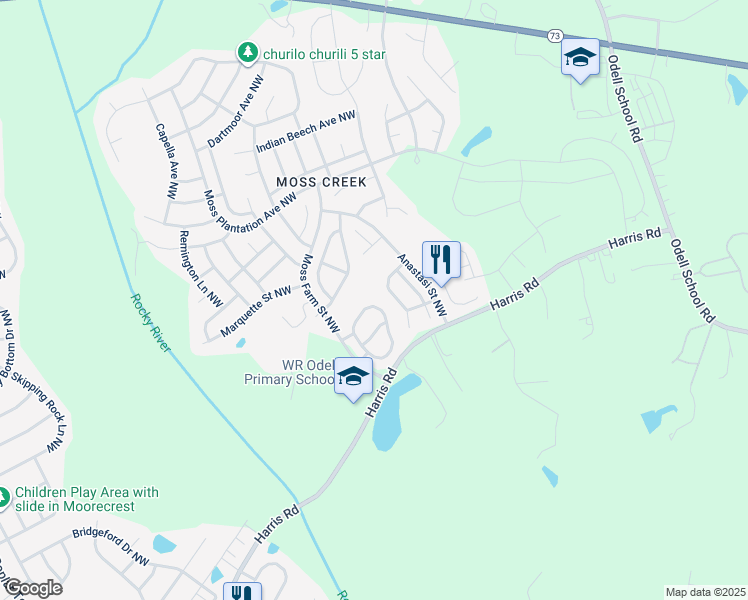 map of restaurants, bars, coffee shops, grocery stores, and more near 9760 Walkers Glen Drive Northwest in Concord