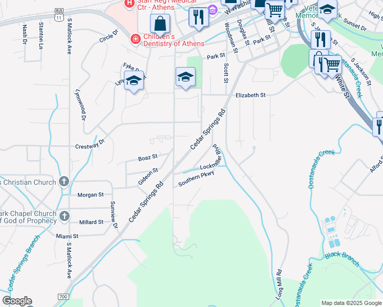 map of restaurants, bars, coffee shops, grocery stores, and more near 717 Cedar Springs Road in Athens