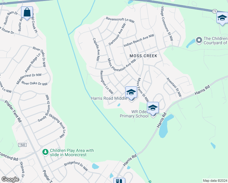 map of restaurants, bars, coffee shops, grocery stores, and more near 9640 Evanston Street Northwest in Concord