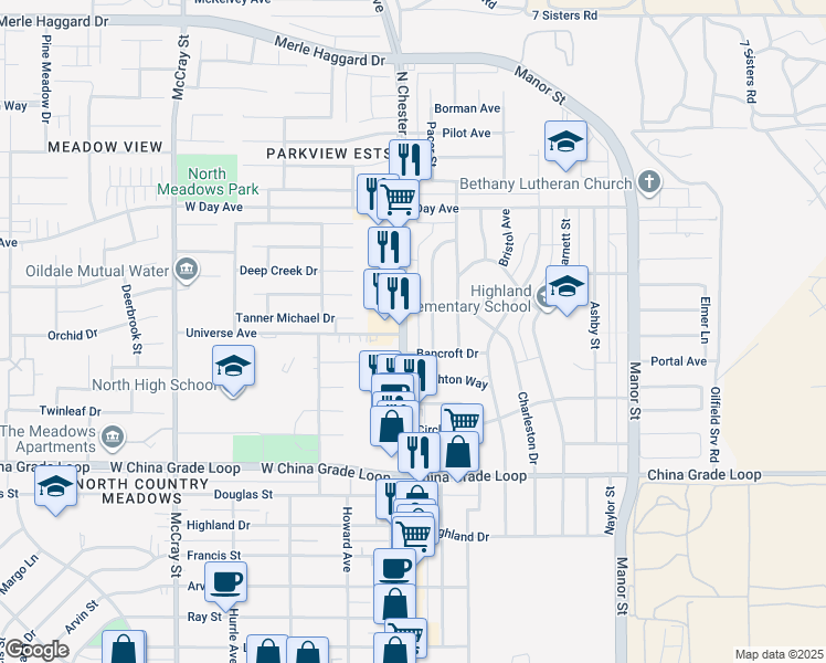 map of restaurants, bars, coffee shops, grocery stores, and more near 2801 Peerless Avenue in Bakersfield