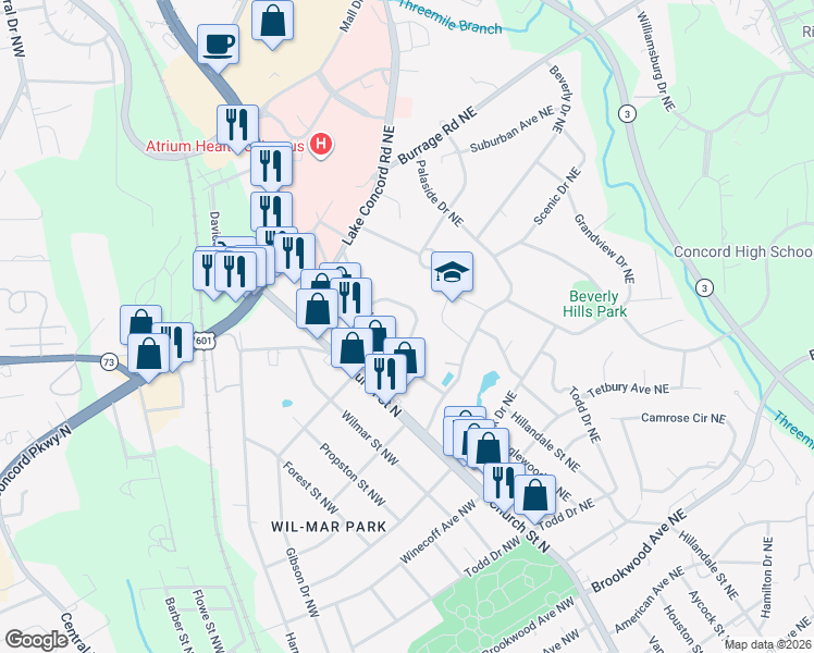 map of restaurants, bars, coffee shops, grocery stores, and more near 70 Circle Drive Northeast in Concord