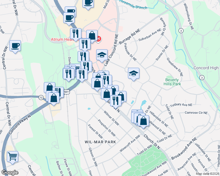 map of restaurants, bars, coffee shops, grocery stores, and more near 808 North Church Street in Concord