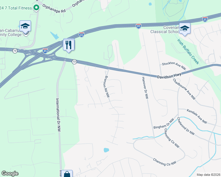 map of restaurants, bars, coffee shops, grocery stores, and more near 4183 Bristol Place Northwest in Concord