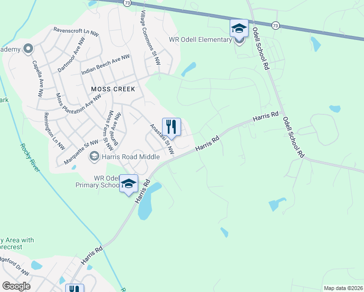 map of restaurants, bars, coffee shops, grocery stores, and more near 1290 Gambel Drive Northwest in Concord