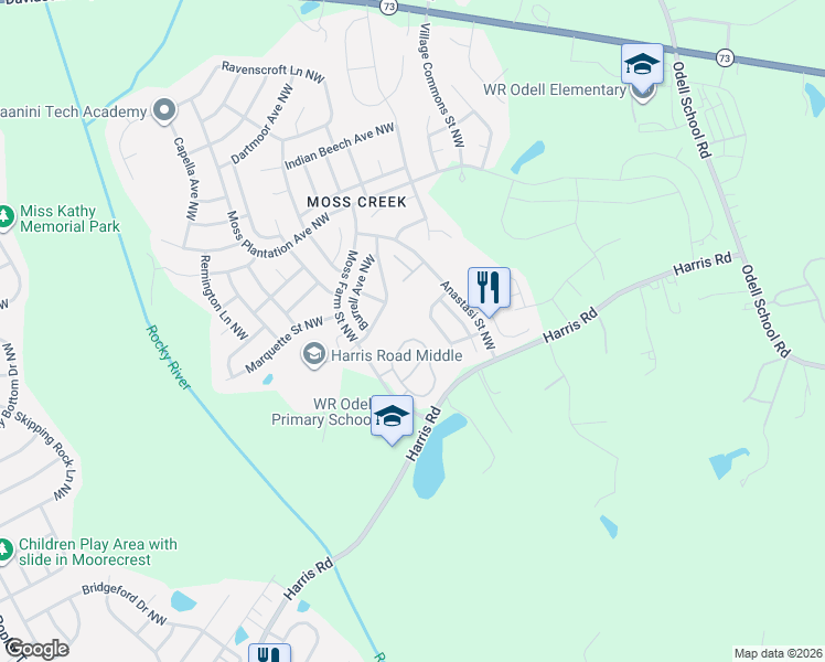 map of restaurants, bars, coffee shops, grocery stores, and more near 9436 Grand Oaks Street Northwest in Concord