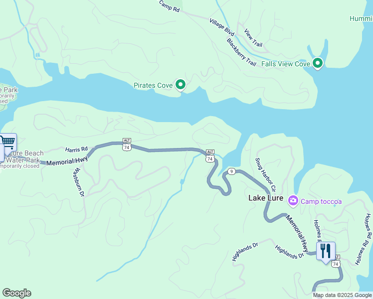 map of restaurants, bars, coffee shops, grocery stores, and more near 2202 Memorial Highway in Lake Lure