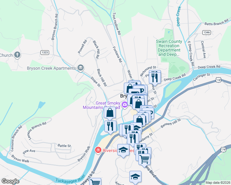 map of restaurants, bars, coffee shops, grocery stores, and more near 45 Wheeler Street in Bryson City