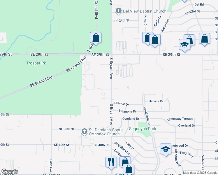 map of restaurants, bars, coffee shops, grocery stores, and more near 3301 South Bryant Avenue in Oklahoma City