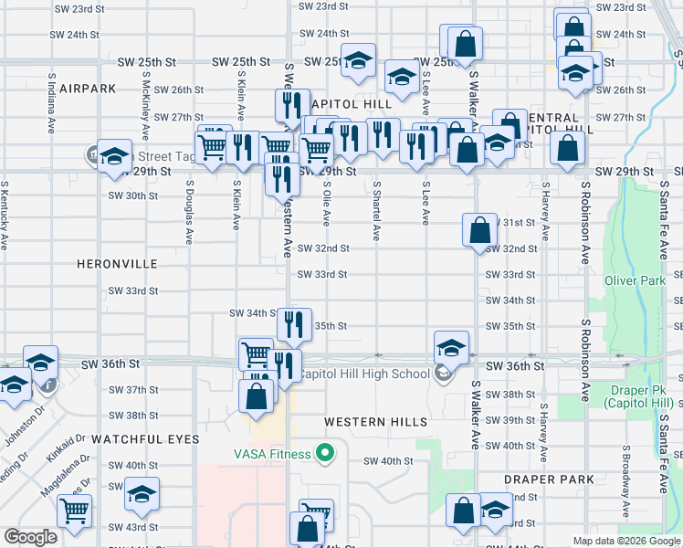 map of restaurants, bars, coffee shops, grocery stores, and more near 717 Southwest 33rd Street in Oklahoma City