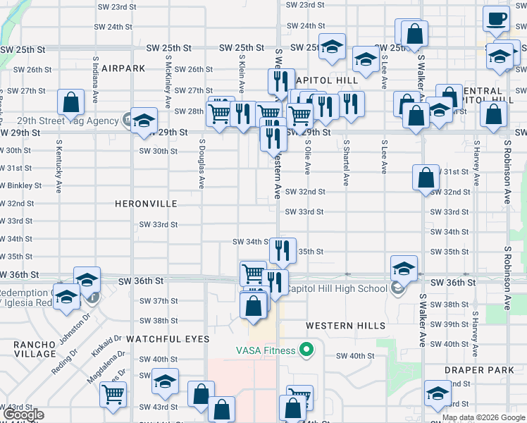 map of restaurants, bars, coffee shops, grocery stores, and more near 928 Southwest 32nd Street in Oklahoma City