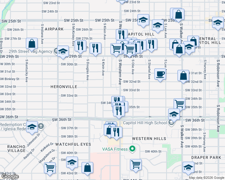 map of restaurants, bars, coffee shops, grocery stores, and more near 928 Southwest 32nd Street in Oklahoma City