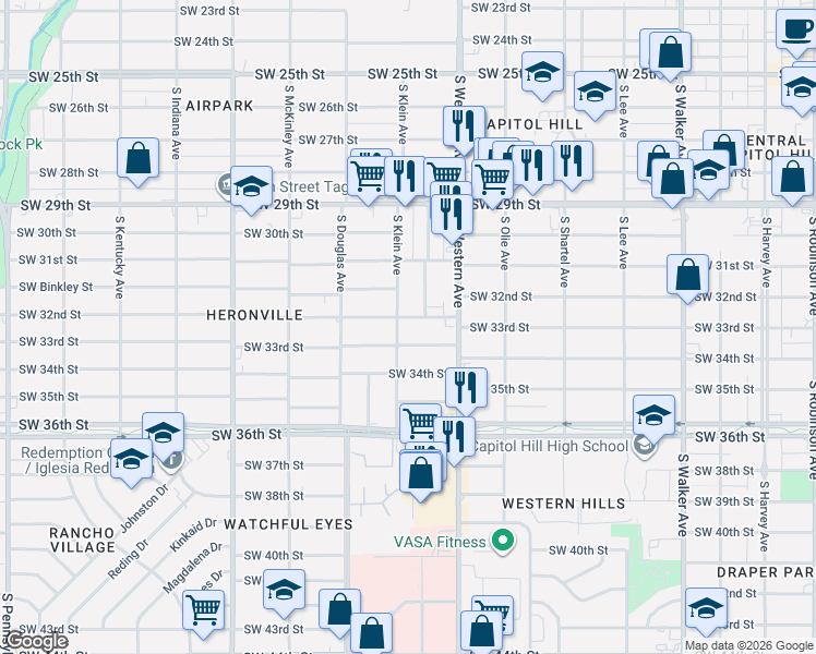 map of restaurants, bars, coffee shops, grocery stores, and more near 928 Southwest 32nd Street in Oklahoma City