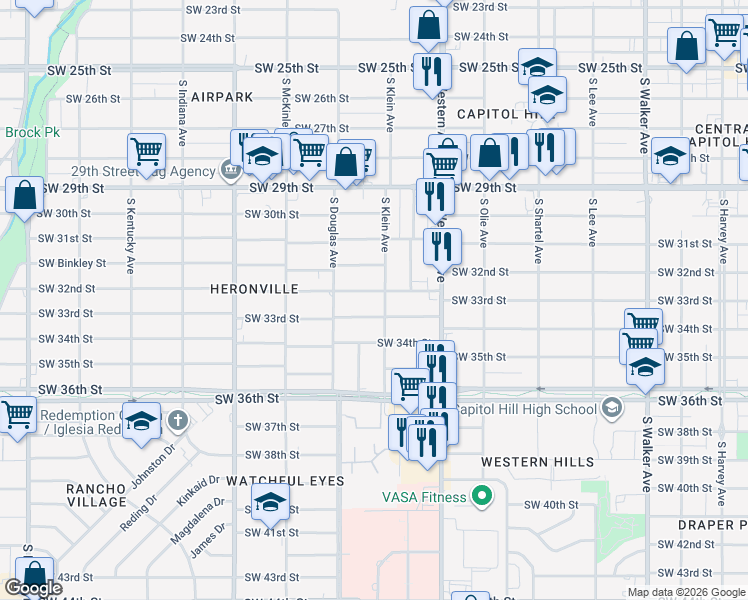 map of restaurants, bars, coffee shops, grocery stores, and more near 1004 Southwest 32nd Street in Oklahoma City