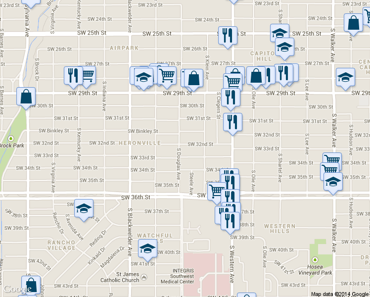 map of restaurants, bars, coffee shops, grocery stores, and more near 1040 Southwest 32nd Street in Oklahoma City