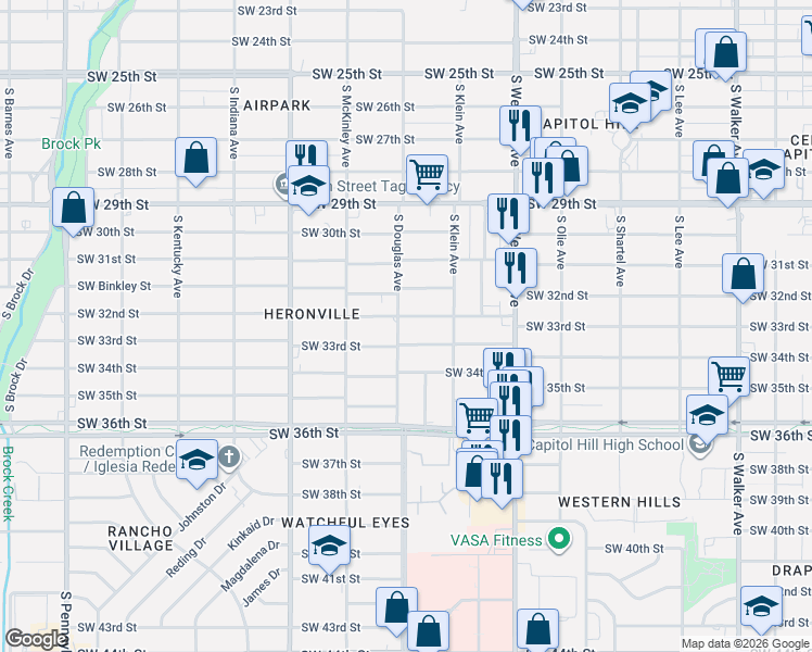 map of restaurants, bars, coffee shops, grocery stores, and more near 1040 Southwest 32nd Street in Oklahoma City