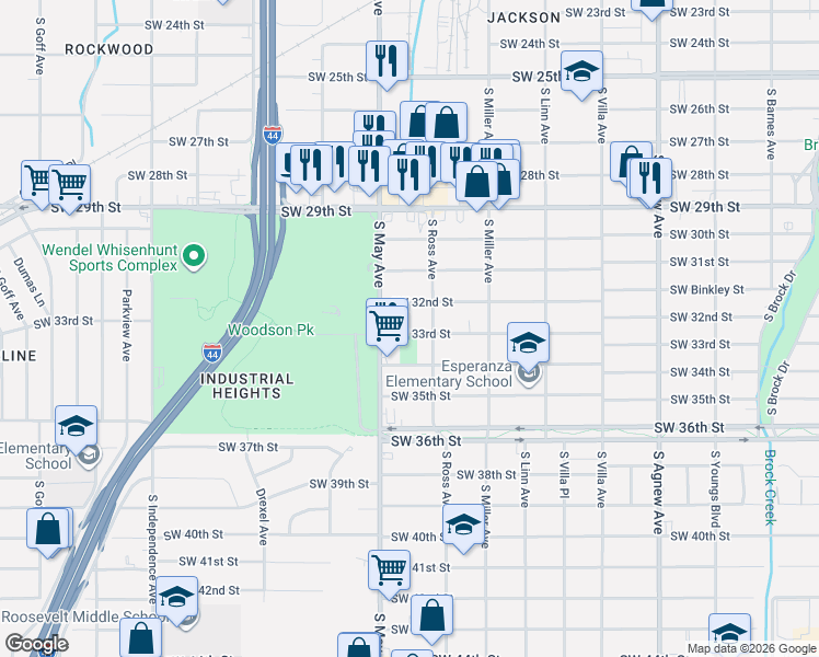 map of restaurants, bars, coffee shops, grocery stores, and more near 2821 Southwest 33rd Street in Oklahoma City