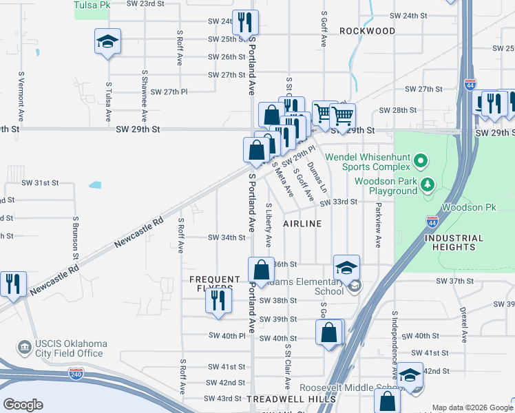 map of restaurants, bars, coffee shops, grocery stores, and more near 3313 South Liberty Avenue in Oklahoma City