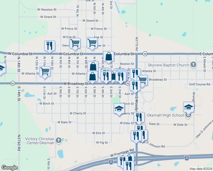 map of restaurants, bars, coffee shops, grocery stores, and more near 321 West Broadway Street in Okemah