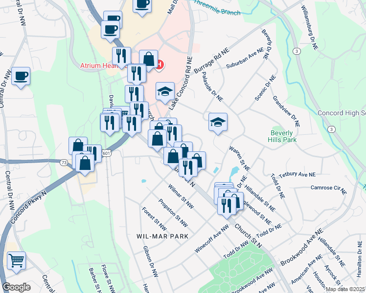 map of restaurants, bars, coffee shops, grocery stores, and more near Arbor Street Northeast in Concord