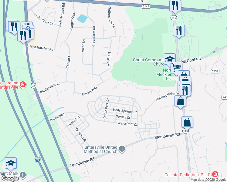 map of restaurants, bars, coffee shops, grocery stores, and more near 16519 Amber Field Drive in Huntersville