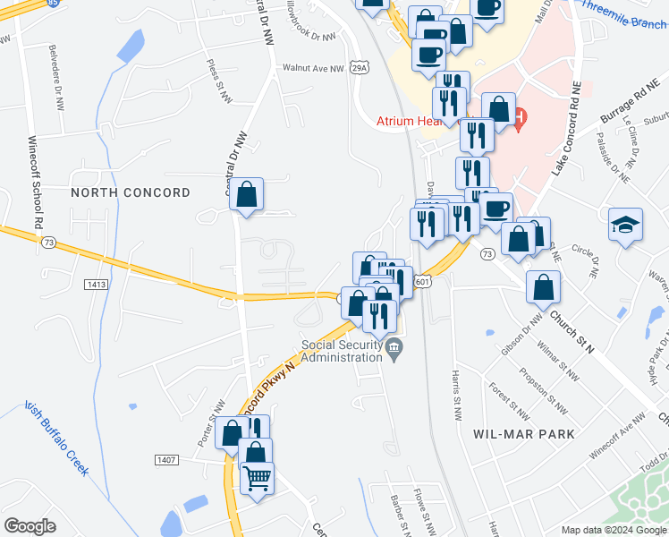 map of restaurants, bars, coffee shops, grocery stores, and more near 975 Summercreek Lane Northwest in Concord