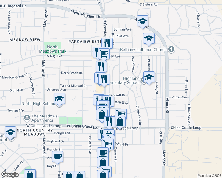 map of restaurants, bars, coffee shops, grocery stores, and more near 2801 Peerless Avenue in Bakersfield