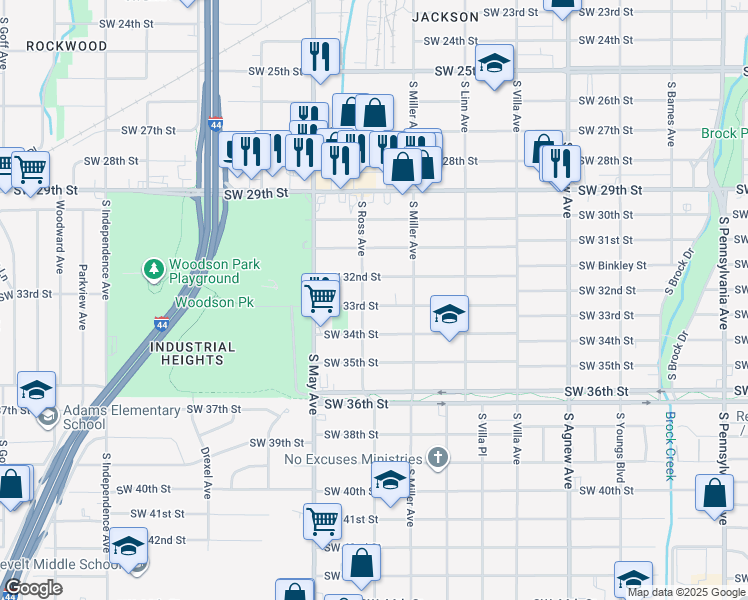 map of restaurants, bars, coffee shops, grocery stores, and more near 2737 Southwest 33rd Street in Oklahoma City