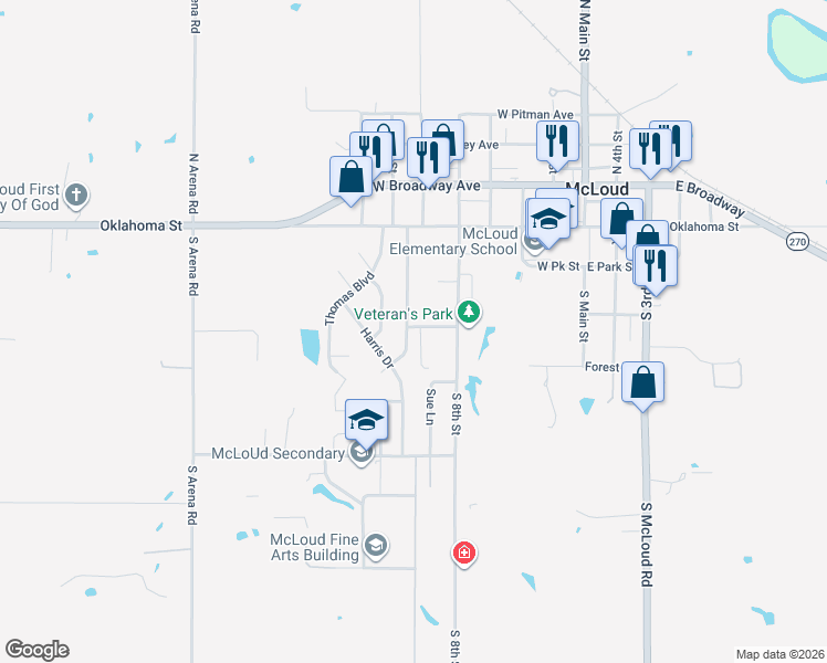 map of restaurants, bars, coffee shops, grocery stores, and more near 138 Folsom Drive in McLoud