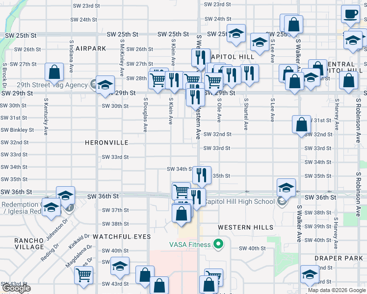 map of restaurants, bars, coffee shops, grocery stores, and more near 928 Southwest 32nd Street in Oklahoma City