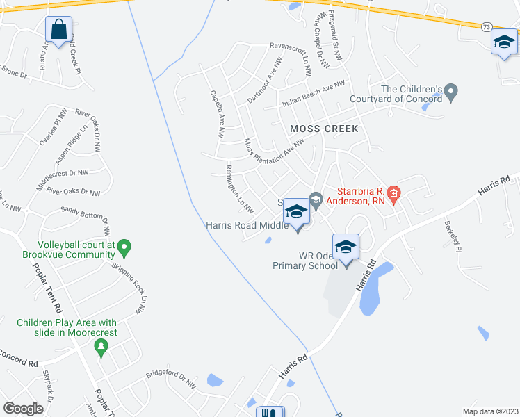 map of restaurants, bars, coffee shops, grocery stores, and more near 9636 Evanston Street Northwest in Concord