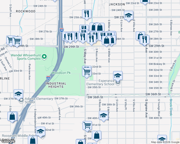 map of restaurants, bars, coffee shops, grocery stores, and more near 2821 Southwest 33rd Street in Oklahoma City