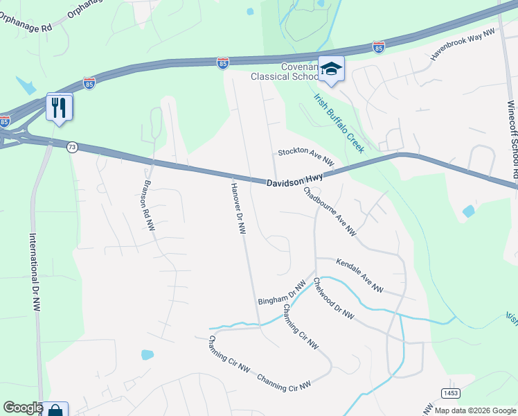map of restaurants, bars, coffee shops, grocery stores, and more near 1327 Stonecroft Lane Northwest in Concord