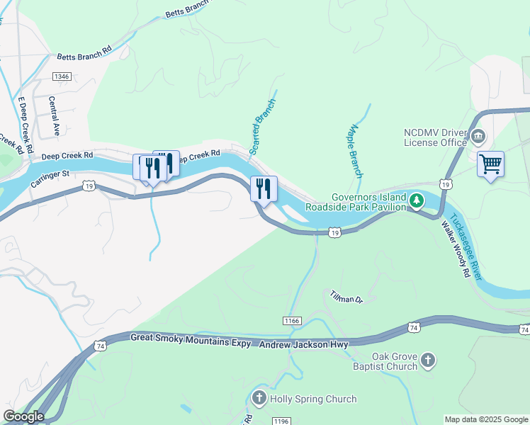 map of restaurants, bars, coffee shops, grocery stores, and more near 1575 Main Street in Bryson City