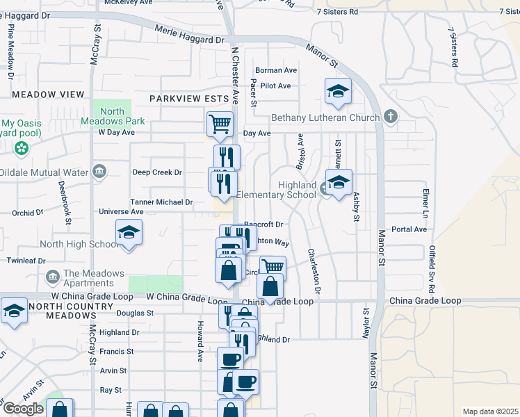 map of restaurants, bars, coffee shops, grocery stores, and more near 2801 Peerless Avenue in Bakersfield